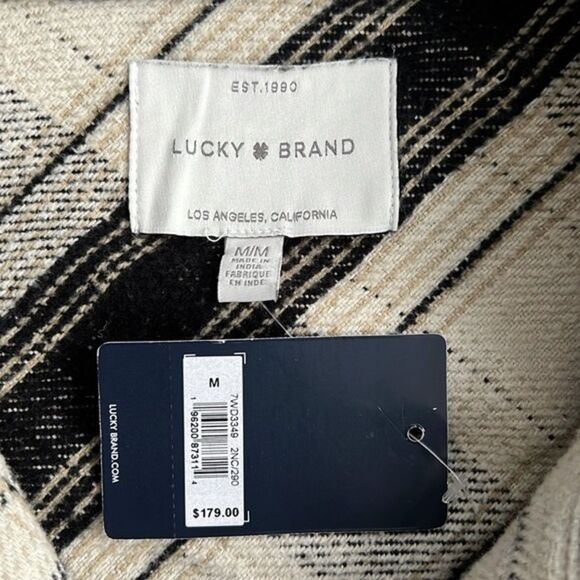 LUCKY BRAND Oversized Shacket Medium Plaid Cream Black Shirt Jacket 90s Western - Picture 2 of 12